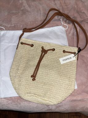Montce Cream Woven Shoulder Bag with Brown Strap